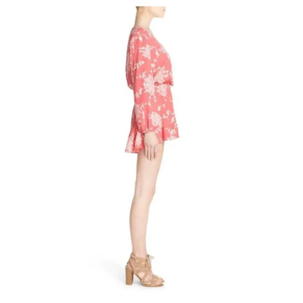 Fraiche by J Pink Floral Crepe Long Sleeve V Neck Surplice Romper Size L